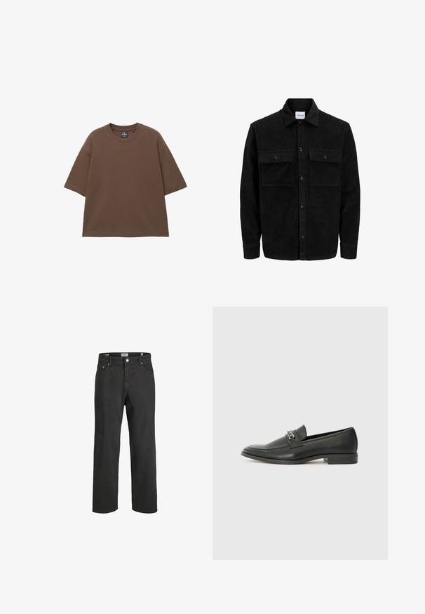 Jachetă din catifea neagră, cu butoni, două buzunare frontale cu clapetă și un guler clasic, mâneci lungi și textură ribbed.; Tricou maro supradimensionat din bumbac moale, cu decolteu rotund și mâneci scurte. Design fără cusături, fără motive sau accente suplimentare.; Jeans negri cu picioare drepte, confectionați din bumbac, având un design clasic cu cinci buzunare, închidere cu buton și detalii subtile de cusătură.; Pantofii negri din piele cu un finisaj neted, având un design cusut și un accent decorativ de lanț metalic peste partea de sus. Toc plat.