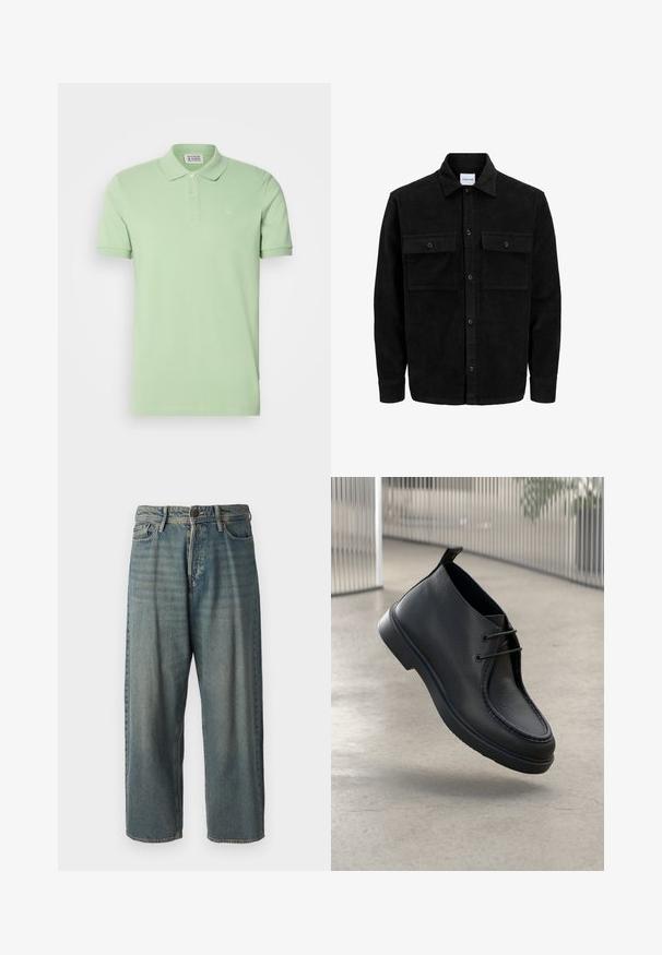 Črna kordurojska jakna z gumbi, z dvema sprednjima žepoma z zavihkom in klasičnim ovratnikom, dolgimi rokavi ter rebrasto teksturo.; Polo majica iz svetlo zelene bombažne tkanine, kratki rukavi, rebrast ovratnik, zapenjanje s tremi gumbi, majhen logotip na levem prsnem delu, gladka tekstura.; Svetlomoderne kavbojke z ohlapnim krojem, srednjim pasom in ravnimi nogami. Imajo pet žepov, zanke za pas in zapiranje na gumb.; Črne usnjene čevlje z gladko teksturo, zaobljenim nosom in vezikami; ima nizek profil podplata in zanko na hrbtni strani.