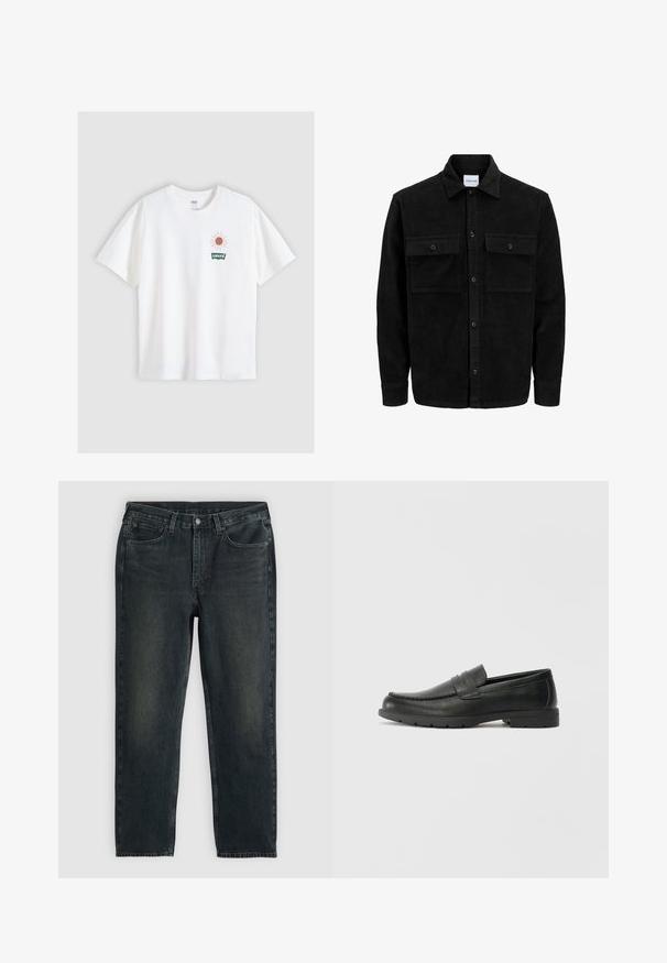 Mustmustöös nupuga jope, millel on kaks eesmist klapiga taskut ja klassikaline kaelus, pikad varrukad ning ribakujuline tekstuur.; Valge puuvillane T-särk lühikeste varrukatega. Omab graafikat päikesest ning roheline "Levi's" logo asub vasakul rinna piirkonnas.; Tumed sinised denim teksad sirgete sääremõõtudega, viie tasku, lukuga ja kontrastsetes õmblustes. Kanga peal on õrn kulumine.; Musthave nahkkingad siledast nahast, mokassiini stiilis ülevalt, tikanditega ja kummist tallaga. Klassikaline disain madala kontsaga.