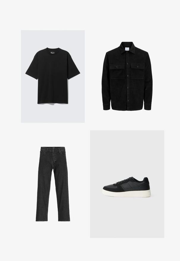Černá kordurová košile s knoflíky, dvěma předními klopovými kapsami a klasickým límcem, dlouhými rukávy a vroubkovanou texturou.; Černé tričko s krátkým rukávem vyrobené z bavlny, s kulatým výstřihem, s volným střihem a minimalistickým designem. Žádné vzory ani akcenty.; Černé džíny s rovnými nohavicemi, s zipem na přední části, poutky na pásek a šesti kapsami, vyrobené z odolné bavlněné směsi.; Černé nízké tenisky s texturovanou kůží a suédovými panely, bílé gumové podrážky a černé tkaničky na jednoduchém světlém pozadí.