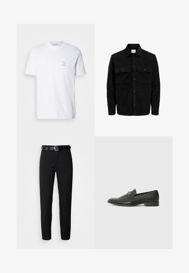 Mustmustöös nupuga jope, millel on kaks eesmist klapiga taskut ja klassikaline kaelus, pikad varrukad ning ribakujuline tekstuur.; Valge puuvillane lühikeste varrukatega T-särk, millel on väike sinine graafika kahe klaasi ja allkirja "CHEERS" print.; Mustad püksid sirge lõikega, sileda tekstuuriga ja must nahkrihm hõbedase pandlaga. Lihtne disain, ilma mustrite või aktsentideta.; Must haveate nahkking punased, millel on sile viimistlus, tikitud muster ja dekoratiivne metallkett vampi üle. Tasane konts.