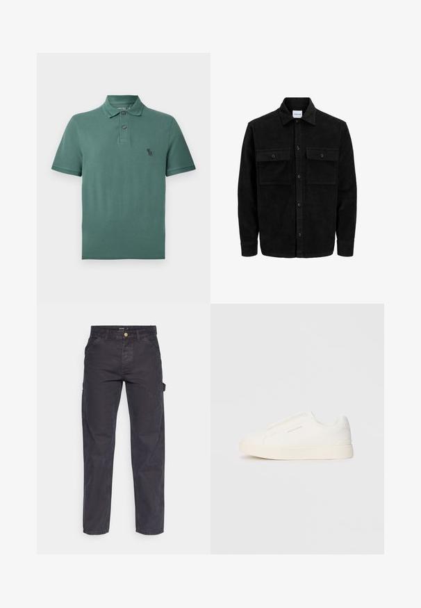 Mustmustöös nupuga jope, millel on kaks eesmist klapiga taskut ja klassikaline kaelus, pikad varrukad ning ribakujuline tekstuur.; Roheline puuvillane polo särk, millel on kraega kaelus, kaks nuppu ja väike must logo rinnal. Lühikesed varrukad ja sirge alumine äär.; Tumehallid cargo-püksid, mis on valmistatud vastupidavast kangast, sirge lõikega, viie tasku ja nupuga kinnitusega vööl.; Valged libisemiskindlad tossud tekstuuriga pinnaga, paksu tallaga ja minimalistikus disainis. Küljel on brändi logo.