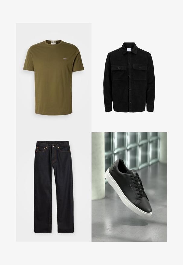 Svart kordflodjacka med knappar, två framfickor med klaff och klassisk krage, långa ärmar och ribbad textur.; Olivgrön t-shirt med kort ärm i bomull, med rund halsringning och liten broderad logotyp på bröstet. Slät textur.; Svart denimjeans för män med rak passform, fem fickor och orangea sömmar, med knäppning och dragkedja fram i midjan.; Svart lädersneaker med vit gummisul, rund tå och snörning. Har en slät yta och diskret branding på tungan.