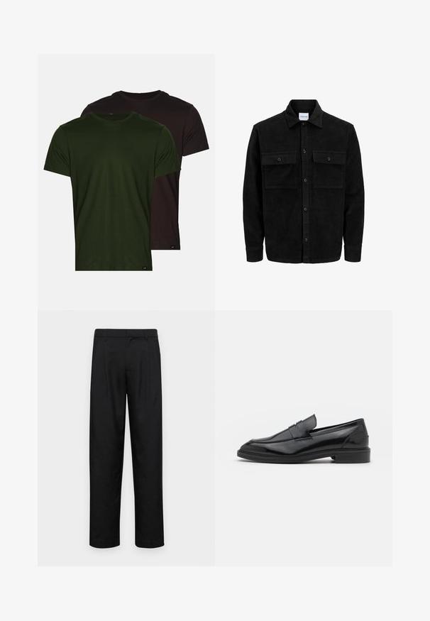 Črna kordurojska jakna z gumbi, z dvema sprednjima žepoma z zavihkom in klasičnim ovratnikom, dolgimi rokavi ter rebrasto teksturo.; Dva majice: ena olivno zelena in ena črna, obe z kratkimi rokavi, okroglim ovratnikom in gladko bombažno teksturo, z majhnimi oznakami blagovne znamke.; Črne hlače iz gladkega materiala, s krojem ravne noge, dvema sprednjima pregiboma in standardnim pasom z zankami za pas.; Črne usnjene loafersice z gladko površino, s zaobljenim prstom in ozkim pasom čez zgornji del. Nizek zložen petek.