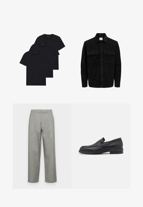 Black corduroy button-up jacket with two front flap pockets and a classic collar, long sleeves, and ribbed texture.; Three black cotton t-shirts with crew necks, short sleeves, and a plain design. Each shirt features a visible logo near the neckline.; Gray tailored trousers made of textured fabric, featuring a straight-leg design, front pleats, and a standard waistband with belt loops.; Black leather loafers with a rounded toe, stitched detailing, and a low, chunky heel. Features a smooth texture and minimal design.