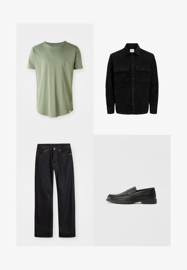 Melnas kordūru pogu jaka ar divām priekšējām atloka kabatām un klasisku apkakli, garām piedurknēm un ribotu tekstūru.; Īsām piedurknēm T-krekls gaiši zaļā krāsā, mīksts audums, apaļa kakla izgriezums, taisna apakšmala, ar mazu etiķeti apakšējā kreisajā stūrī.; Vīriešu taisno kāju melnie džinsi ar piecām kabatām un oranžu izšuvumu, ar pogu un zipa aizdari priekšējā jostas daļā.; Melnas ādas loafers ar gludu apdari, mokasīnu stila augšdaļu, šūtu detalizāciju un gumijas zoli. Klasisks dizains ar zemu papēdi.
