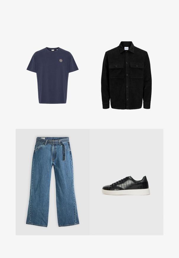 Czarna kurtka z korduru z guzikami, z dwoma przednimi kieszeniami na klapki oraz klasycznym kołnierzem, długimi rękawami i ryżowym splotem.; Granatowa bawełniana koszulka, krótkie rękawy, okrągły dekolt, z małym emblematem słońca w kolorze złotym po lewej stronie klatki piersiowej. Klasyczny prosty krój.; Niebieskie dżinsowe spodnie szerokie z dołączonym paskiem, kieszeniami z przodu i widocznym przeszyciem na jednolitym jasnym tle.; Czarne sneakersy z teksturowaną cholewką ze skóry z tłoczeniem w kształcie krokodyla, okrągłym noskiem oraz kontrastującą białą gumową podeszwą o gładkim wykończeniu.