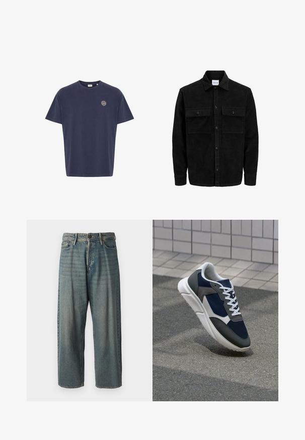 Črna kordurojska jakna z gumbi, z dvema sprednjima žepoma z zavihkom in klasičnim ovratnikom, dolgimi rokavi ter rebrasto teksturo.; Mornarsko modra bombažna majica s kratkimi rokavi, krožnim izrezom, z malim sončnim simbolom v zlati barvi na levem prsnem delu. Klasičen ravno krojen model.; Svetlomoderne kavbojke z ohlapnim krojem, srednjim pasom in ravnimi nogami. Imajo pet žepov, zanke za pas in zapiranje na gumb.; Superge z zgornjim delom iz mrežaste tkanine v mornarsko modri barvi, sivi usnjeni poudarki, belo gumijasto podplato in ravnimi belimi vezalkami, zasnovane za udobje in zračnost.