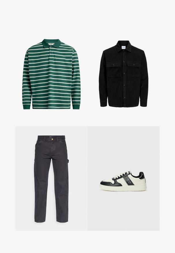 Črna kordurojska jakna z gumbi, z dvema sprednjima žepoma z zavihkom in klasičnim ovratnikom, dolgimi rokavi ter rebrasto teksturo.; Polo majica s dolgimi rokavi v temno zeleni barvi z belimi vodoravnimi črtami. Ima klasičen ovratnik, placket s tremi gumbi in rebraste manšete.; Temno sivi cargo hlače iz trpežnega materiala, z ravnim krojem nogavic, petimi žepi in gumbom za zapiranje v pasu.; Usnjeni športni čevlji z črno in krem barvno shemo, ki vključujejo perforirane dodatke, podložen ovratnik in strukturirano podplat.