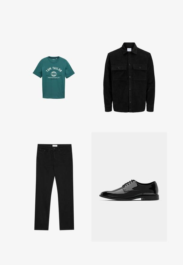 Mustat corduroy-nappi takki, jossa on kaksi etupistotaskua ja klassinen kaulus, pitkät hihat ja ribattu pinta.; Teal lyhythihainen t-paita, joka on valmistettu puuvillasta ja jossa on pyöreä kaula-aukko sekä valkoista painetekstiä "TOM TAILOR" ja suunnittelutietoja edessä.; Mustat suorat farkut, joissa on viisi taskua, napilla ja vetoketjulla varustettu sulkeminen, sekä Pier One -brändilogo vyötärölle.; Musta patentoitu mokkanahkakengät pyöreällä varpalla, nauhakuormausmalli ja sileä, kiiltävä pinta. Varustettu matalaprofiilisella kumipohjalla.