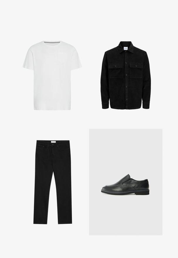 Zwarte corduroy knopenjack met twee voorste klepzakken en een klassieke kraag, lange mouwen en ribbelstructuur.; Witte katoenen t-shirt met een ronde hals, korte mouwen en een enkele borstzak. Bevat een subtiel visgraatpatroon op de binnenkant van de halslijn.; Zwarte straight-leg jeans met een vijf-pocket ontwerp, knoop- en ritssluiting, en een Pier One merklabel op de tailleband.; Zwarte leren instapper met een soepele bovenkant, gestikte accenten, ronde neus en een lage rubberen hak. De zool heeft minimale profiel.