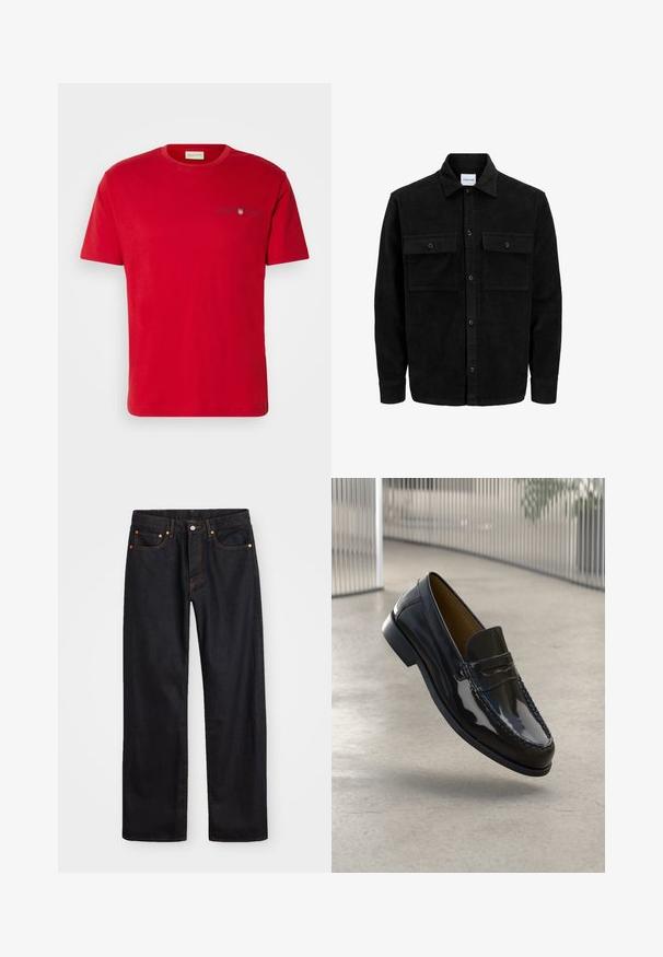 Zwarte corduroy knopenjack met twee voorste klepzakken en een klassieke kraag, lange mouwen en ribbelstructuur.; Rode katoenen t-shirt met korte mouwen, ronde halslijn en kleine marineblauwe logo-details op de borst. Soepele stof, casual pasvorm.; Heren straight-leg zwarte denim jeans met vijf zakken en oranje stiksels, knoop- en ritssluiting op de voorkant van de tailleband.; Zwarte gepatineerde leren instapper met een gestikt accent, ronde neus, lage hak en een glad oppervlak, uiteengezet tegen een neutrale achtergrond.