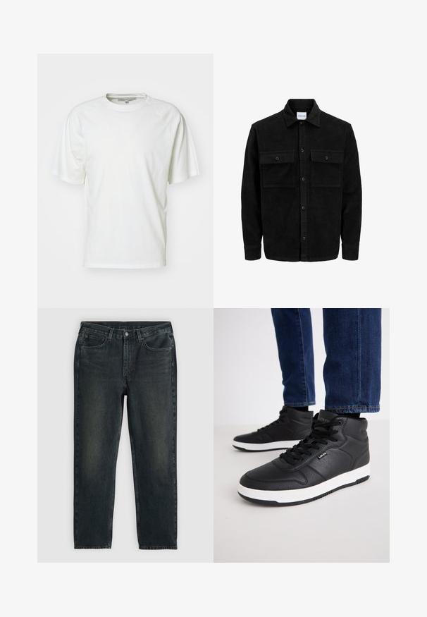 Sort fløjl button-up jakke med to frontlommer og klassisk krave, lange ærmer og ribbet tekstur.; Hvid t-shirt lavet af blød bomuld; har en rund hals, korte raglanærmer og en afslappet pasform; minimalistisk design uden mønstre eller accenter.; Mørkeblå denimjeans med lige ben, der har fem lommer, lynlås og kontrasterende syninger. Diskret falming på stoffet.; Sorte høj-top sneakers lavet af tekstureret læder, med sorte snørebånd, en hvid gummisål og et lille logo på siden.