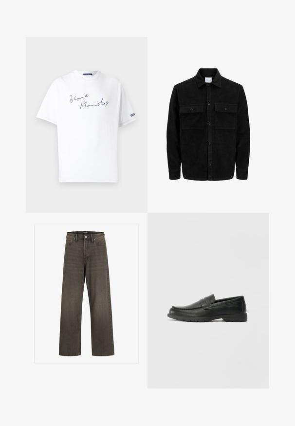 Juodas velveto mygtukų švarkas su dviem priekiniais kišenėmis su atvartais, klasikiniu apykakle, ilgomis rankovėmis ir raukšlėtu paviršiumi.; Balta medvilninė marškinėlė su laisvu sijonu, su melsvu ranka rašytu tekstu "Blue Monday" priekyje ir logotipo etikete ant rankovės.; Plati kojinės džinsai tamsiai pilkos spalvos džinsinio audinio, su aukštu liemeniu, klasikinio penkių kišenių dizainu ir kontrastinga siuvimo linija siūlėse.; Juodai odiniai loaferiai su sklandžiu paviršiumi, mokasino stiliaus viršus, siuvinėjimu ir guminėmis padangomis. Klasikinis dizainas su žemu kulnu.