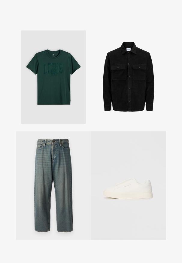 Juodas velveto mygtukų švarkas su dviem priekiniais kišenėmis su atvartais, klasikiniu apykakle, ilgomis rankovėmis ir raukšlėtu paviršiumi.; Tamsiai žalia medvilninė marškinėliai trumpomis rankovėmis, su tekstūruotu LEVI'S logotipu tamsesnėje žaliajame fone, apvaliu kaklu ir tiesiu apatiniu kraštu.; Šviesiai mėlyni džinsai su laisvu siluetu, vidutinio aukščio juosmeniu ir tiesiomis kojomis. Su penkiais kišenėmis, diržo kilpo ir mygtukų uždarymu.; Baltos slip-on sportbačiai su tekstūruota paviršiumi, storesniu padu ir minimalistišku dizainu. Šone matosi prekės ženklo logotipas.