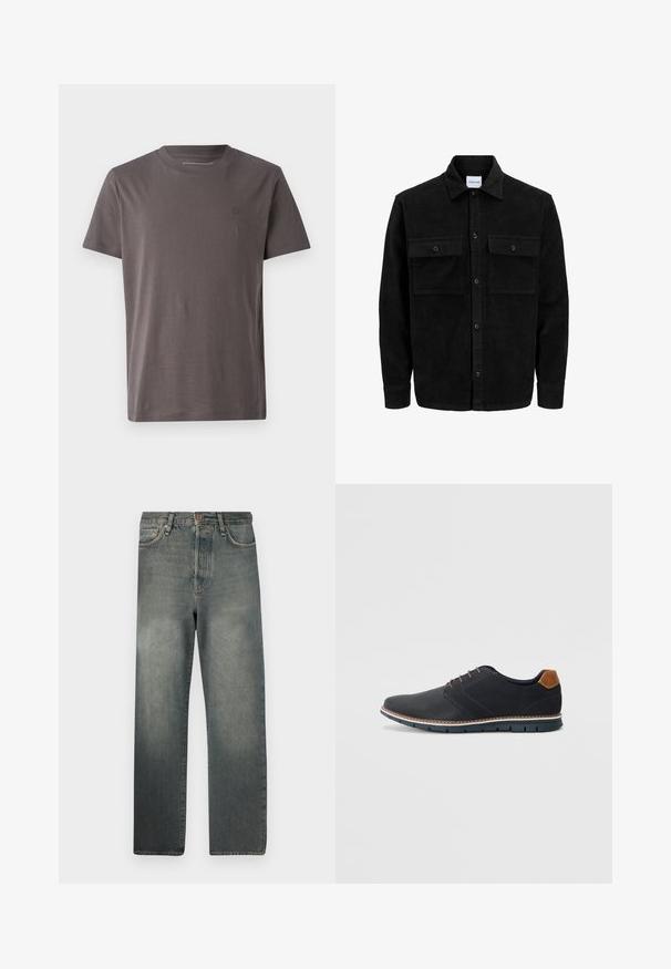 Černá kordurová košile s knoflíky, dvěma předními klopovými kapsami a klasickým límcem, dlouhými rukávy a vroubkovanou texturou.; Tričko s krátkým rukávem a kulatým výstřihem v tmavě šedé barvě, vyrobené z měkké bavlny, s jemným logem na prsou a klasickým střihem.; Jack & Jones JJIALEX JJCOOPER - Baggy džíny - black denim; Černé syntetické boty s texturovaným svrškem, hladkými detaily, hnědým podpatkem a kontrastní podrážkou. Obsahují minimální šněrování a švy.