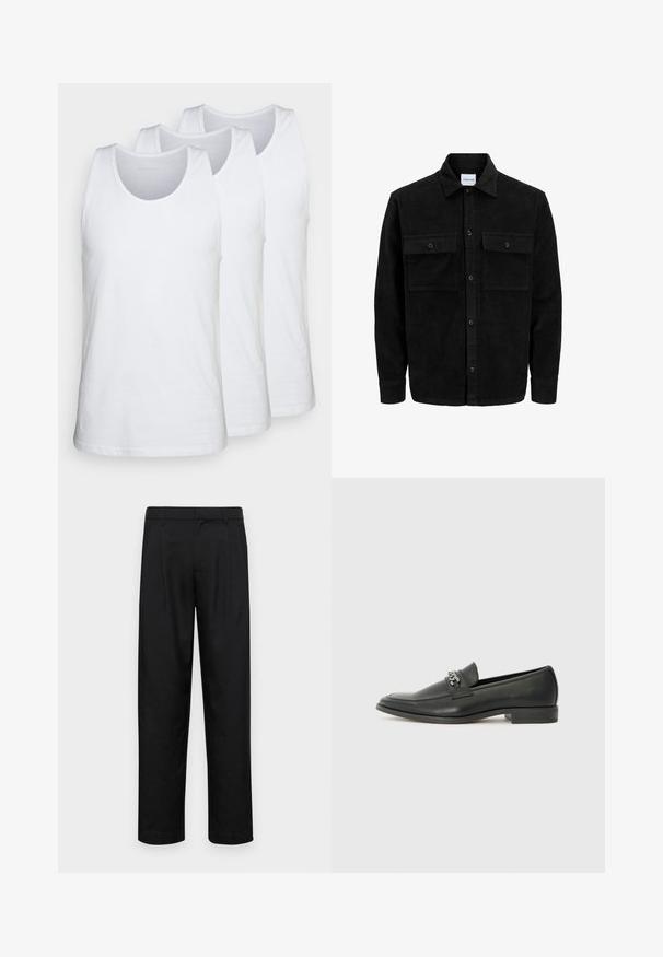 Schwarze Corduroy-Button-Up-Jacke mit zwei frontalem Klappentaschen und klassischem Kragen, langen Ärmeln und gerippter Textur.; Drei weiss Tanktops aus Baumwolle, mit rundem Halsausschnitt und ärmellosem Design, glatter Textur und normaler Passform.; Schwarze Hose aus glattem Stoff, mit geradem Bein Design, zwei vorderen Falten und einem Standardbund mit Gürtelschlaufen.; Schwarzer Lederloafer mit glatter Oberfläche, ausgestattet mit einer gesteppten Gestaltung und einem dekorativen Metallkettendetail über dem Vorderblatt. Flacher Absatz.