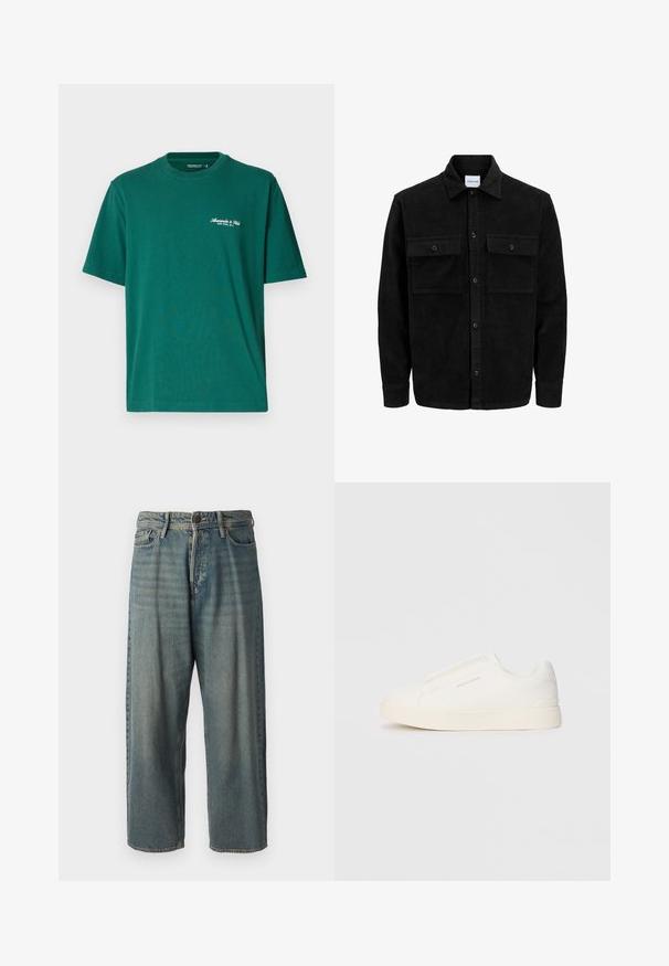 Sort fløjl button-up jakke med to frontlommer og klassisk krave, lange ærmer og ribbet tekstur.; Abercrombie & Fitch Premium Polished Micro-Logo Tee - T-shirts basic - rainforest; Lyseblå denim jeans med løs pasform, mellemhøj talje og lige ben. Har fem lommer, bæltestropper og en knappelukning.; Hvide slip-on sneakers med en struktureret overflade, en tyk sål og et minimalistisk design. Har brandlogoet på siden.