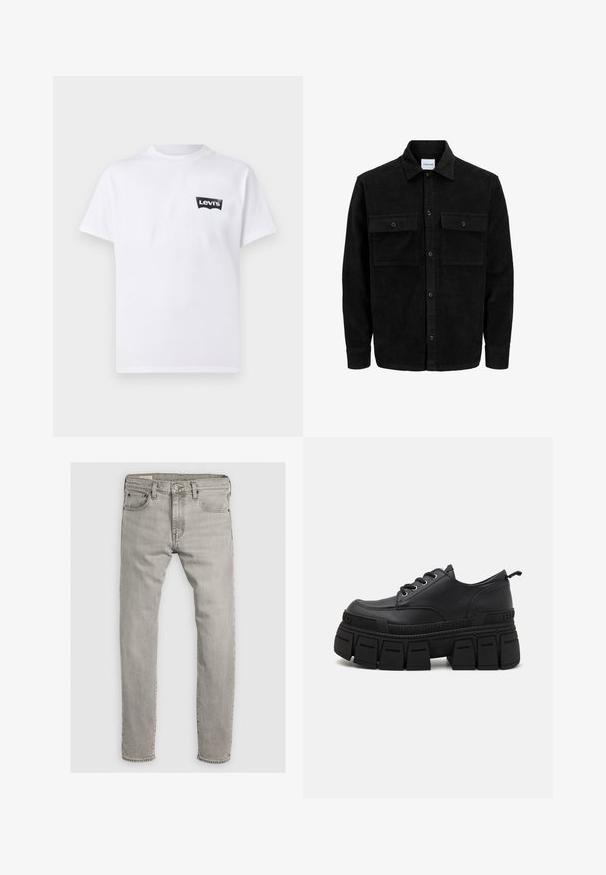 Čierna kordúrová bunda s gombíkmi, dvoma prednými vreckami so záklopkou a klasickým golierom, dlhými rukávmi a ryhovanou textúrou.; Biely bavlnený tričko s čiernym logom Levi's na ľavej hrudi. Klasický dizajn s okrúhlym výstrihom a krátkymi rukávmi.; Svetlo šedé džínsy s rovnými nohavicami, designom na päť vreciek a jemným ťahaním. Obsahujú klasický gombík a zips.; Buffalo GOSPHER LACE UP - Šnurovačky - black