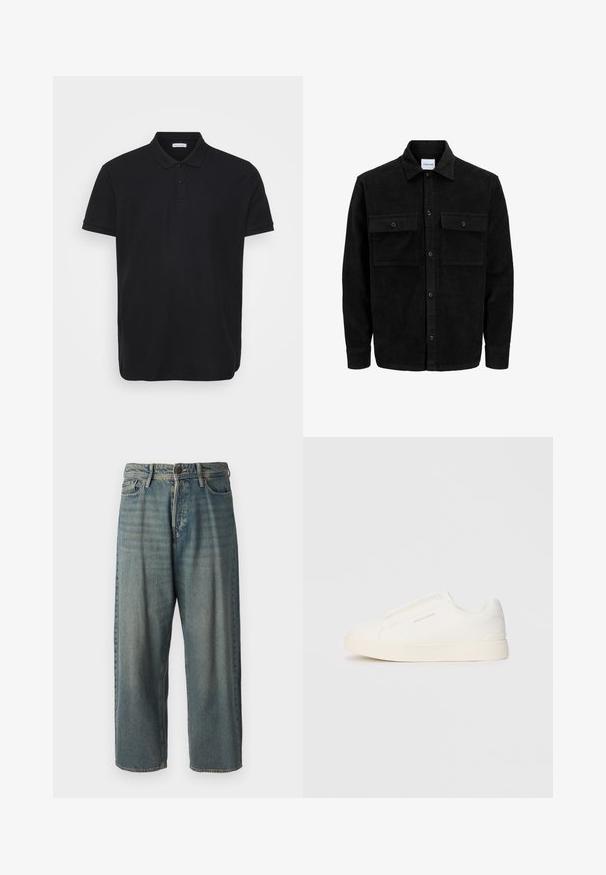 Mustmustöös nupuga jope, millel on kaks eesmist klapiga taskut ja klassikaline kaelus, pikad varrukad ning ribakujuline tekstuur.; Mustpe polo särk ribakujulise tekstuuriga, klassikalise kraega, kolme nööbiga nööpimisega ning peene logoga vasakul rinnal.; Heledad sinine denim-stiilis teksad, volüümse lõike, keskmise kõrgusega talje ja sirgete säärega. Omab viit taskut, vöökumme ja nööpide sulgemist.; Valged libisemiskindlad tossud tekstuuriga pinnaga, paksu tallaga ja minimalistikus disainis. Küljel on brändi logo.