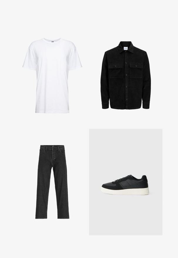 Svart kordfløyels knappjakke med to frontlommer med klaff og klassisk krage, lange ermer og ribbet tekstur.; Hvit bomull t-skjorte med rund hals og korte ermer. Stoffet er glatt med en avslappet passform og uten synlige grafikker eller mønstre.; Sorte denimjeans med rett ben-design, som har glidelås, beltehemper og seks lommer, laget av et slitesterkt bomullsmateriale.; Svart lavtopp sneakers med teksturert lær og semskede paneler, hvit gummisåle og svarte snørebånd på en enkel lys bakgrunn.