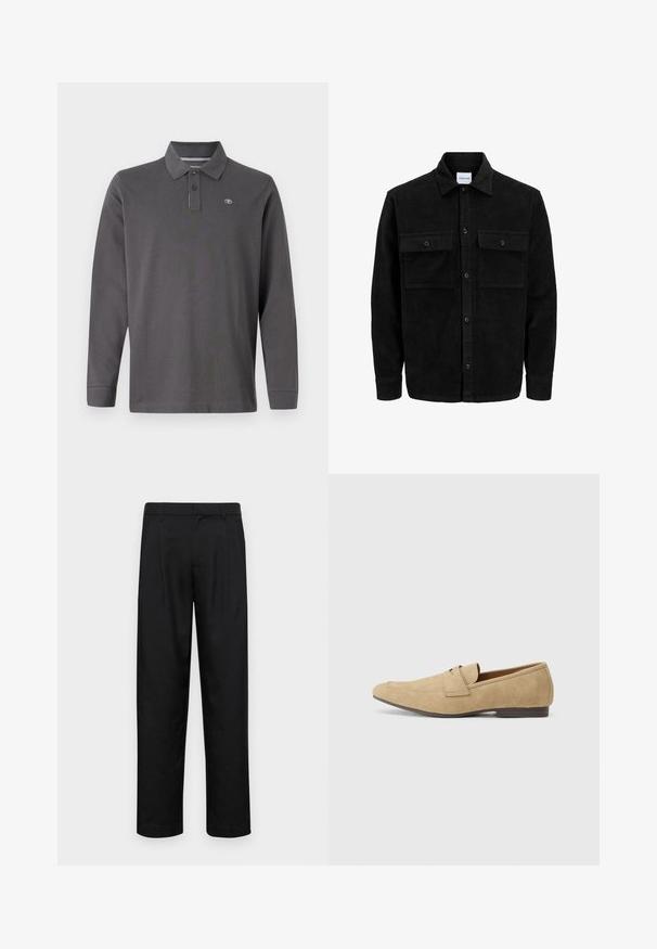 Melnas kordūru pogu jaka ar divām priekšējām atloka kabatām un klasisku apkakli, garām piedurknēm un ribotu tekstūru.; Tumšas pelēkas kokvilnas polo krekls ar garām piedurknēm, kuram ir apkakle, trīs pogu poga un mazs logs kreisajā krūtī.; Melnas bikses, izgatavotas no gludas auduma, ar taisnu kāju dizainu, divām priekšējām krokām un standarta jostu, kurai ir āķi.; Zābaki no zamša gaiši brūnā krāsā ar nelielu mirdzumu, ar noapaļotu purngalu, bezsaišu dizainu un zemu brūnu papēdi. Smalks šuvju detalizējums.