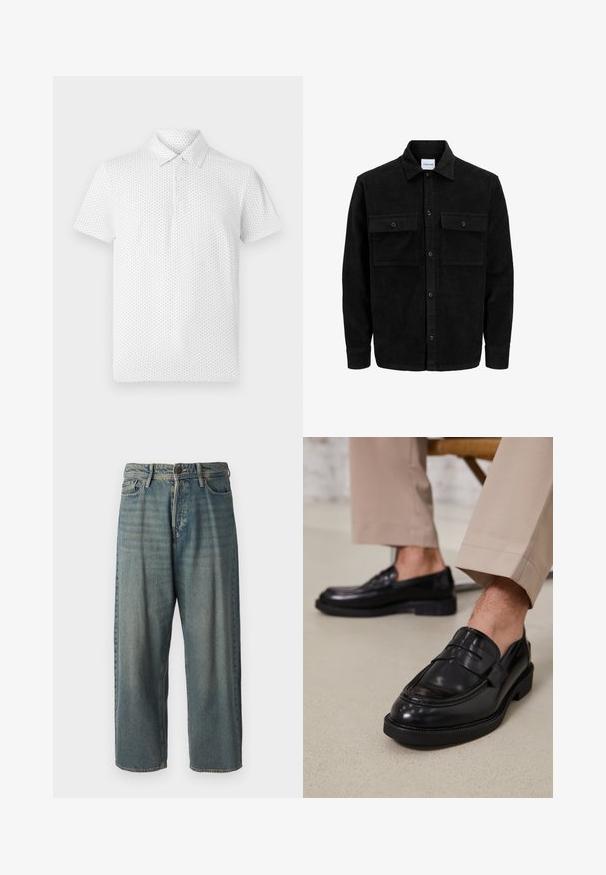 Schwarze Corduroy-Button-Up-Jacke mit zwei frontalem Klappentaschen und klassischem Kragen, langen Ärmeln und gerippter Textur.; Weißes Poloshirt mit kurzen Ärmeln, das ein kleines geometrisches Muster aufweist, drei Knöpfe am Kragen hat und eine klassische Passform bietet. Hergestellt aus atmungsaktivem Stoff.; Helle blaue Denim-Jeans mit lockerer Passform, mittelhoher Taille und geraden Beinen. Hat fünf Taschen, Gürtelschlaufen und einen Knopfverschluss.; Schwarze Lederloafers mit glatter Oberfläche, ausgestattet mit einem dekorativen Riemen und Kontrastnähten, kombiniert mit beigen Hosen.