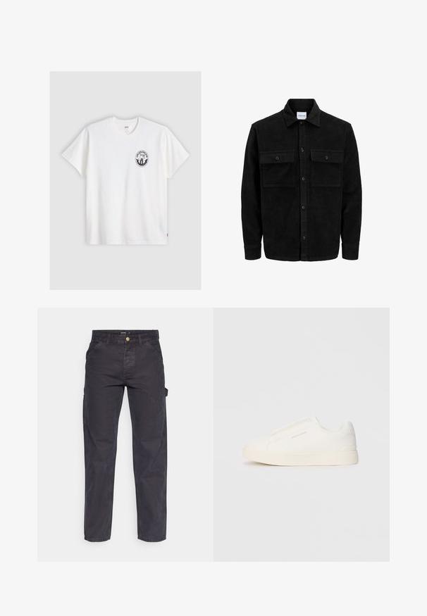 Chaqueta de pana negra con botones, dos bolsillos delanteros con solapa y un cuello clásico, mangas largas y textura acanalada.; Camiseta de algodón blanca con mangas cortas, cuello redondo y un logo circular negro en el lado izquierdo del pecho con un diseño estilizado.; Pantalones cargo de color gris oscuro, confeccionados con un tejido duradero, que presentan un corte recto, cinco bolsillos y un cierre de botón en la cintura.; Zapatillas blancas tipo slip-on con una superficie texturizada, suela gruesa y diseño minimalista. Presenta el logo de la marca en un lado.