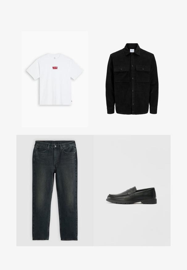 Juodas velveto mygtukų švarkas su dviem priekiniais kišenėmis su atvartais, klasikiniu apykakle, ilgomis rankovėmis ir raukšlėtu paviršiumi.; Balta medvilninė marškinėliai su raudonu Levi's logotipo užtrauktuku krūtinės centre. Trumpomis rankovėmis ir klasikinė apvalia kaklo iškirpte.; Tamsiai mėlynos džinsinės kelnės su tiesiu kirpimu, turinčios penkias kišenes, užtrauktuką ir kontrastingas siūles. Audinys šiek tiek nublukęs.; Juodai odiniai loaferiai su sklandžiu paviršiumi, mokasino stiliaus viršus, siuvinėjimu ir guminėmis padangomis. Klasikinis dizainas su žemu kulnu.