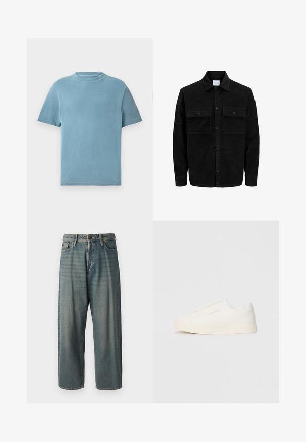 Schwarze Corduroy-Button-Up-Jacke mit zwei frontalem Klappentaschen und klassischem Kragen, langen Ärmeln und gerippter Textur.; Kurze Ärmel, Rundhals-T-Shirt aus leichtem blauem Baumwollstoff. Der Stoff wirkt weich mit einer glatten Textur und minimalen Nähdetails.; Helle blaue Denim-Jeans mit lockerer Passform, mittelhoher Taille und geraden Beinen. Hat fünf Taschen, Gürtelschlaufen und einen Knopfverschluss.; Weiße Slip-On-Sneaker mit einer strukturierten Oberfläche, dicker Sohle und minimalistischem Design. Mit Logo der Marke an der Seite.