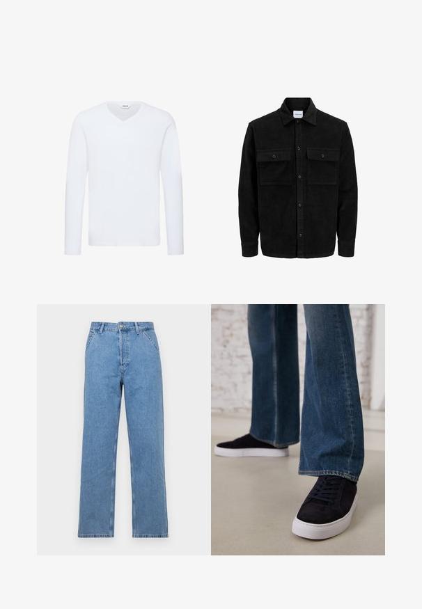 Zwarte corduroy knopenjack met twee voorste klepzakken en een klassieke kraag, lange mouwen en ribbelstructuur.; Witte lange mouwen V-hals t-shirt in een zachte katoenmix. Heeft een gladde textuur en een rechte zoom met minimale details.; Lichtblauwe spijkerbroek met rechte pijpen en een klassiek vijf-pocket ontwerp, voorzien van een knoopsluiting aan de voorkant en riemlussen. Soepele textuur.; Donkerblauwe suède sneakers met een witte rubberen zool en veters, gecombineerd met wijde denimjeans in een middelblauwe wassing.