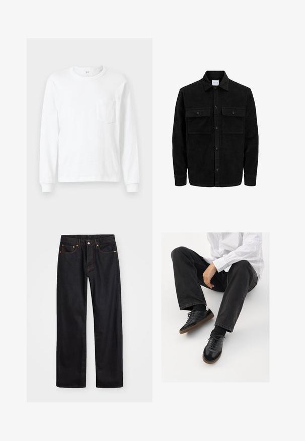 Juodas velveto mygtukų švarkas su dviem priekiniais kišenėmis su atvartais, klasikiniu apykakle, ilgomis rankovėmis ir raukšlėtu paviršiumi.; Balta ilga rankovė T-marškiniai, pagaminti iš medvilnės. Su apvalia iškirpte ir mažomis kišenėmis krūtinėje. Minkšta tekstūra su įsiūtomis rankovėmis.; Vyrų tiesaus kirpimo juodi džinsai iš denim medžiagos, su penkiomis kišenėmis ir oranžinėmis siūlėmis, su mygtuko ir užtrauktuko uždarymu ant priekio.; Juodi sportbačiai su lygiu ir tekstūruotu paviršiumi, turi guminį padas ir tamsias raištelius. Suderinti su juodomis džinsais ir balta juostuota marškinėliais.