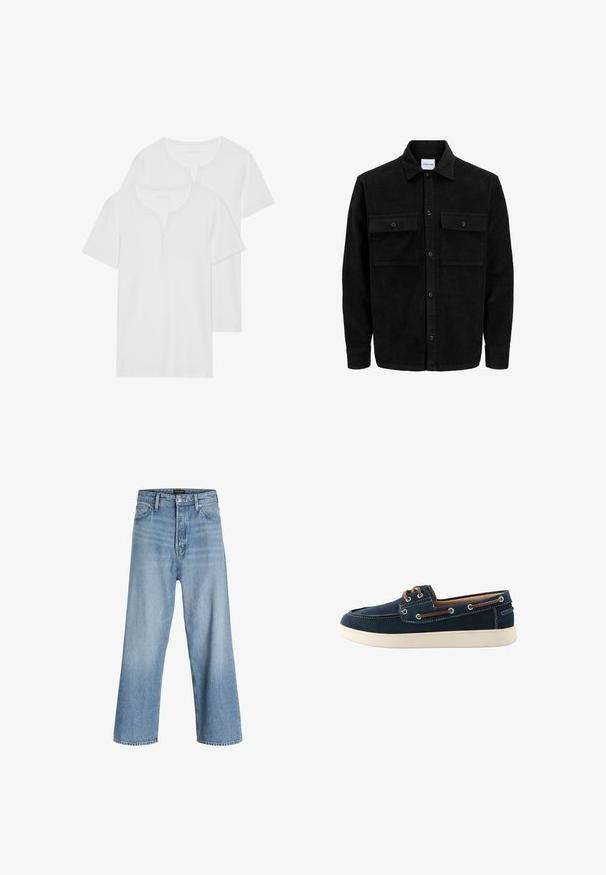 Schwarze Corduroy-Button-Up-Jacke mit zwei frontalem Klappentaschen und klassischem Kragen, langen Ärmeln und gerippter Textur.; Zwei weiße T-Shirts mit kurzen Ärmeln aus weichem Baumwollmaterial, mit einem Henley-Ausschnitt und zwei Knöpfen sowie einem normalen Schnitt.; Helle blaue weit geschnittene Jeans aus Denim, mit hoher Taille, klassischem Fünf-Taschen-Design und Knopfverschluss mit Reißverschluss.; Marineblaue Bootsschuhe aus Stoff mit weißen Nähten und einer Gummisohle. Verfügt über braune Schnürsenkel und Ösen. Rundes Zehen-Design.