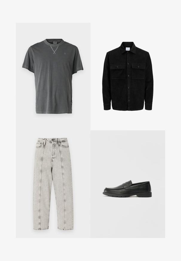 Juodas velveto mygtukų švarkas su dviem priekiniais kišenėmis su atvartais, klasikiniu apykakle, ilgomis rankovėmis ir raukšlėtu paviršiumi.; Pilkas medvilnės marškinėliai su apvalia iškirpte, trumpomis rankovėmis ir tekstūruota iškirpte. Yra mažas logotipas ant krūtinės ir šoninės siūlės detalė.; Pilka aukšta juosmens džinsai su laisvu siluetu, tiesios kojų dizainas, matoma siūlė ir nusidėvėjusi tekstūra.; Juodai odiniai loaferiai su sklandžiu paviršiumi, mokasino stiliaus viršus, siuvinėjimu ir guminėmis padangomis. Klasikinis dizainas su žemu kulnu.