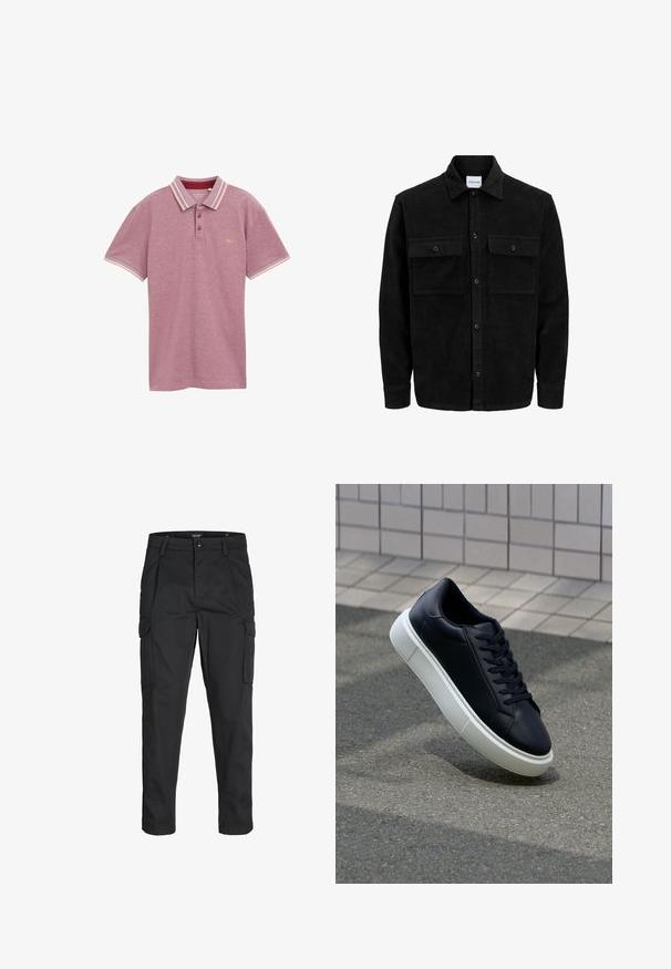 Giacca in corduroy nera con bottoni, due tasche anteriori con patta, colletto classico, maniche lunghe e texture a coste.; Polo shirt bordeaux, maniche corte, tessuto a maglia, colletto con due bottoni, colletto e polsini a righe in colori contrastanti, logo sul petto.; Pantaloni cargo neri realizzati in un tessuto resistente, dotati di molteplici tasche, chiusura con bottone e un design aderente con gambe affusolate.; Sneaker in pelle nera con punta arrotondata e suola in gomma bianca. Presenta lacci piatti e cuciture minime sulla parte superiore. Suola testurizzata per una migliore aderenza.