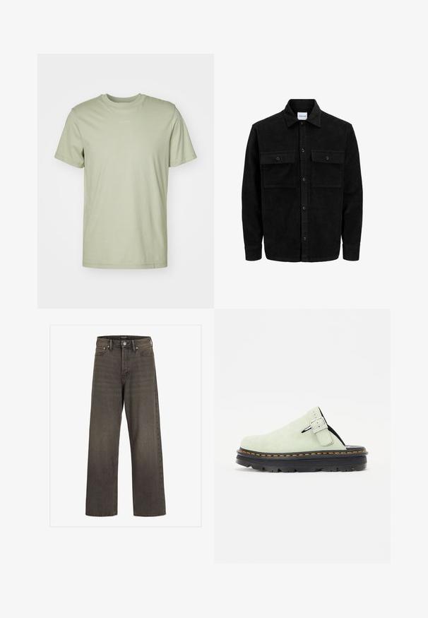 Jachetă din catifea neagră, cu butoni, două buzunare frontale cu clapetă și un guler clasic, mâneci lungi și textură ribbed.; Tricou din bumbac verde deschis, cu guler rotund, mâneci scurte și un logo subtil al mărcii imprimat în centrul pieptului.; Blugi cu picioare largi din denim gri închis, cu talie înaltă, design clasic cu cinci buzunare și cusături contrastante pe cusături.; Clog-uri din suede verde deschis, cu vârf rotund, curea ajustabilă cu cataramă și talpă texturată neagră cu detalii de cusătură portocalie.