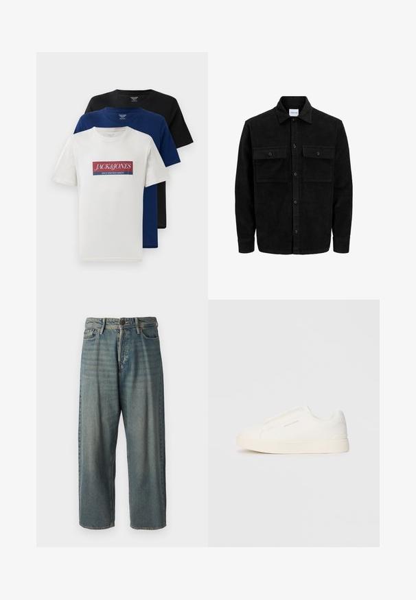 Mustat corduroy-nappi takki, jossa on kaksi etupistotaskua ja klassinen kaulus, pitkät hihat ja ribattu pinta.; Kolme päällekkäin olevia lyhythihaisia crew neck -t-paitoja, jotka ovat valkoisia punaisella ja sinisellä logolla, tummansiniset ja mustat, esillä valkoista taustaa vasten.; Vaaleansiniset farkut, joissa on väljä istuvuus, keskikorkea vyötärö ja suorat lahkeet. Ominaisuuksiin kuuluvat viisi taskua, vyölenkit ja nappisulku.; Valkoiset liukusukat, joissa on teksturoitu pinta, paksu pohja ja minimalistikot. Sivulla on brändin logo.