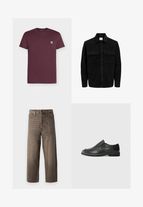 Mustmustöös nupuga jope, millel on kaks eesmist klapiga taskut ja klassikaline kaelus, pikad varrukad ning ribakujuline tekstuur.; Burgundia puuvillane T-särk ümara kaelusega, lühikeste varrukatega ja väikese valge kilbimärgiga vasaku rinna ülaserval.; Prunad laiad teksapüksid, mis on valmistatud denimist. Omab lukuga kannet, vöölukke ja viit taskut. Kangas näitab tuhmuvat, tekstuurset välimust.; Must musta laia suuga king, millel on sile ülemine osa, õmmeldud detailid, ümmargune nina ja madal kummist konts. Tallal on minimaalne mustr.