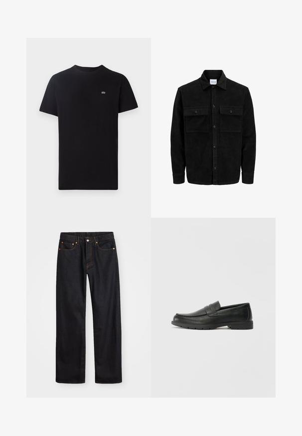 Mustmustöös nupuga jope, millel on kaks eesmist klapiga taskut ja klassikaline kaelus, pikad varrukad ning ribakujuline tekstuur.; Mustmust särg mustast puuvillast, klassikalise ümmarguse kaelusega, lühikeste varrukatega ja väikese valge logoga, mis on broderitud vasakule rinda.; Meeste sirge jala mustad denim teksad viie taskuga, oranž õmblus, nupu ja tõmblukuga ees nagu vöökoht.; Musthave nahkkingad siledast nahast, mokassiini stiilis ülevalt, tikanditega ja kummist tallaga. Klassikaline disain madala kontsaga.