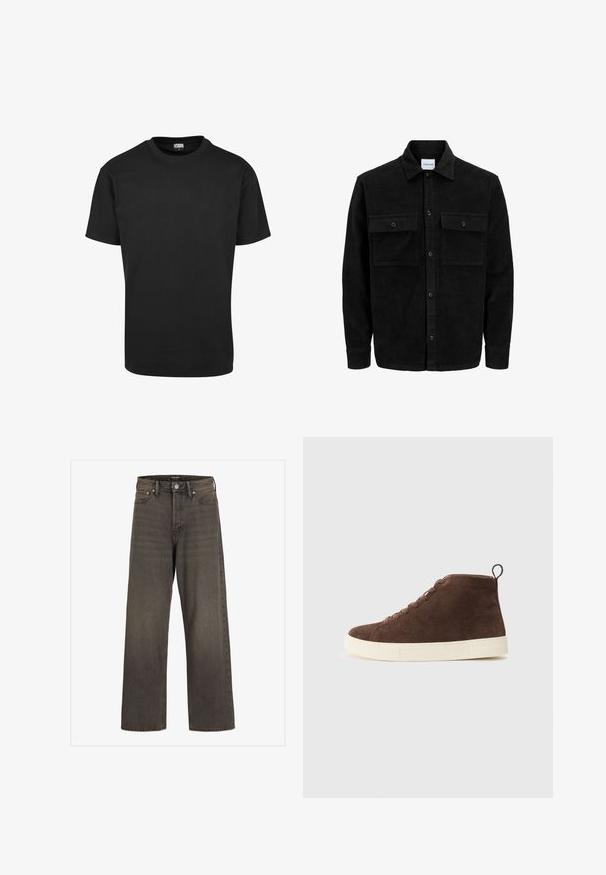 Černá kordurová košile s knoflíky, dvěma předními klopovými kapsami a klasickým límcem, dlouhými rukávy a vroubkovanou texturou.; Černé bavlněné tričko s kulatým výstřihem, krátkými rukávy a rovnými lemy. Hladká textura; jednoduchý, zdobený design.; Džínové kalhoty s širokými nohavicemi v tmavě šedém denimu, s vysokým pasem, klasickým designem pěti kapes a kontrastním prošíváním podél švů.; Hnědé semišové kotníkové tenisky s bílou gumovou podrážkou, zaoblenou špičkou, zavazováním na šněrování a poutkem na zadní straně.