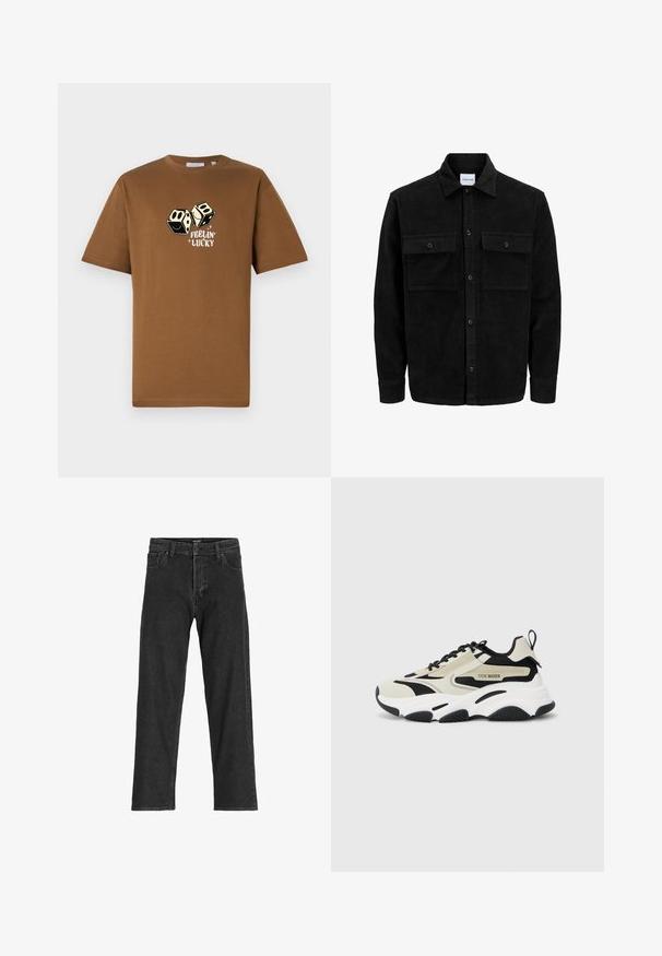 Juodas velveto mygtukų švarkas su dviem priekiniais kišenėmis su atvartais, klasikiniu apykakle, ilgomis rankovėmis ir raukšlėtu paviršiumi.; Ruda medvilninė marškinėliai su laisvu siluetu, kuriuose pavaizduoti du kauliukai ir baltos spalvos tekstas "Feelin' Lucky" po jais.; Juoda džinsinė kelnė su tiesaus kirpimo dizainu, su užtrauktuku, diržo kilpomis ir šešiais kišenėmis, pagaminta iš tvirto medvilnės mišinio.; Šviesiai rusvas ir juodas orui pralaidus viršus, baltas vidinis padas, juodas guminis padas ir logotipo detalės šone.