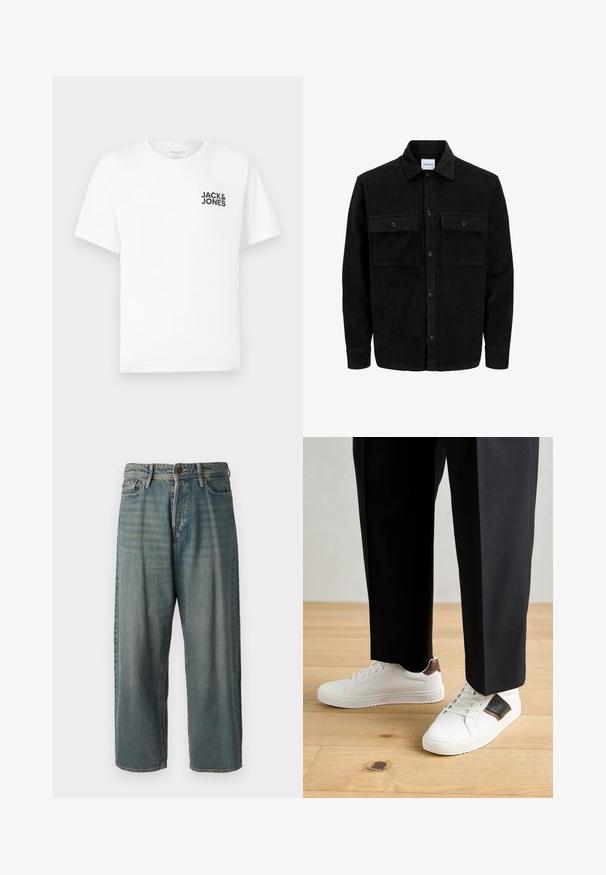 Černá kordurová košile s knoflíky, dvěma předními klopovými kapsami a klasickým límcem, dlouhými rukávy a vroubkovanou texturou.; Bílý bavlněný tričko, krátké rukávy, kulatý výstřih. Obsahuje černý textový logo "JACK & JONES" na levé straně hrudníku. Jednoduchý, hladký design.; Světle modré denimové džíny s volným střihem, středně vysokým pasem a rovnými nohavicemi. Obsahují pět kapes, poutka na opasek a zapínání na knoflík.; Bílé tenisky s hladkým povrchem, s hnědými koženými akcenty a černými detaily, kombinované s černými kalhotami na míru. Pozadí tvoří dřevěná podlaha.