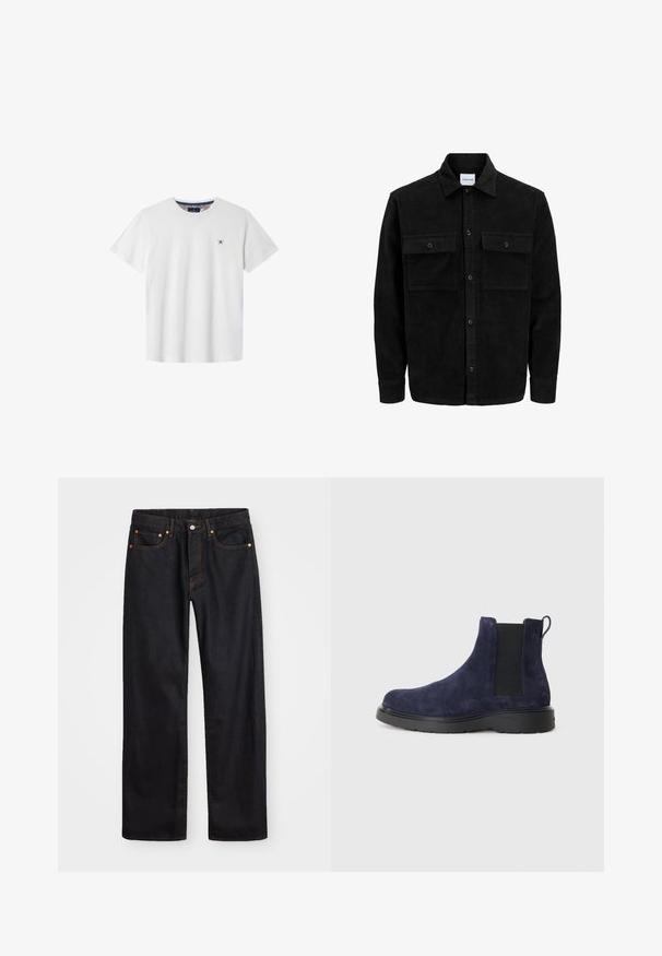 Černá kordurová košile s knoflíky, dvěma předními klopovými kapsami a klasickým límcem, dlouhými rukávy a vroubkovanou texturou.; Bílá bavlněná tričko s krátkým rukávem, kulatým výstřihem a námořnickým křížem na levé straně hrudníku. Disponuje vzorovaným vnitřním výstřihem.; Pánské černé džíny rovného střihu s pěti kapsami a oranžovým prošíváním, s knoflíkem a zipem na předním pásku.; Námořnické semišové Chelsea boty s elastickými bočními panely a poutkem. Černá gumová podešev s texturovaným povrchem pro lepší přilnavost a odolnost.