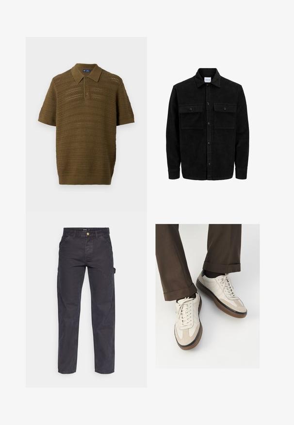 Sort fløjl button-up jakke med to frontlommer og klassisk krave, lange ærmer og ribbet tekstur.; T-shirt med korte ærmer i olivengrøn, med et tekstureret, åbent strikdesign med horisontale striber samt ribbet krave og kant.; Mørkegrå cargo-bukser lavet af slidstærkt stof, med lige ben, fem lommer og en knaplukning i taljen.; Beige sneakers med en struktureret ruskind front, glatte lædersider og en brun gummisål. Snørebånd og let stikning er inkluderet.