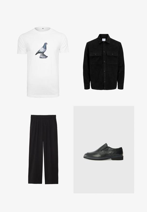Chaqueta de pana negra con botones, dos bolsillos delanteros con solapa y un cuello clásico, mangas largas y textura acanalada.; Camiseta de algodón blanca con un gráfico de una paloma posada sobre un par de zapatillas, con un detallado colorido y sombreado en el pájaro.; Pantalones de pierna ancha negros con frente plisado, bolsillos laterales y una textura de tela suave. Diseñados para un ajuste relajado.; Zapato negro de cuero sin cordones con un upper suave, detalles de costura, punta redonda y un bajo tacón de goma. La suela presenta una tracción mínima.