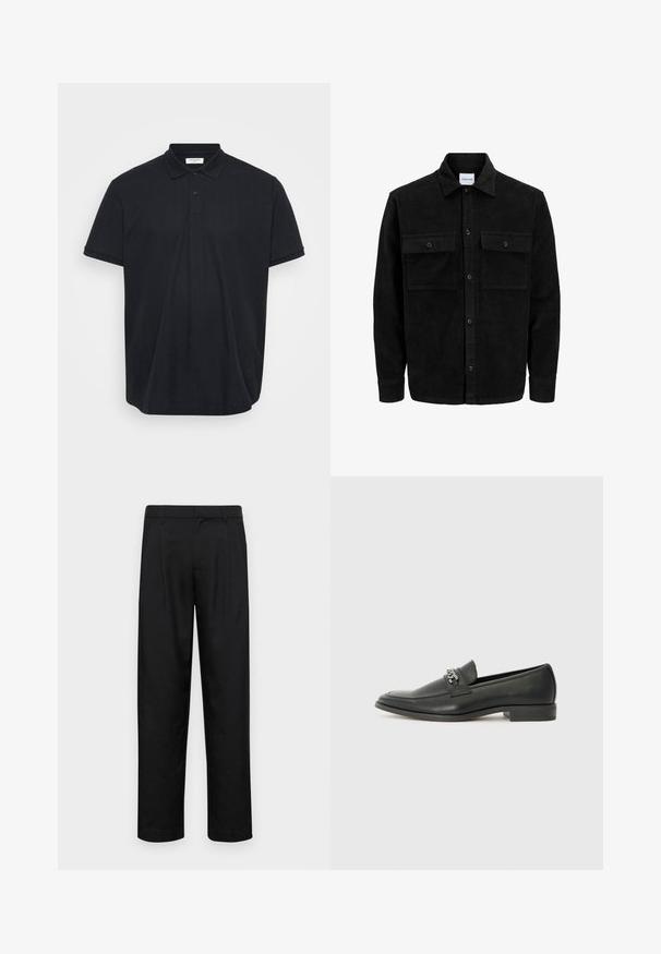 Mustmustöös nupuga jope, millel on kaks eesmist klapiga taskut ja klassikaline kaelus, pikad varrukad ning ribakujuline tekstuur.; Mustmustikas T-särk, mis on valmistatud tekstuurist kangast, klassikalise kaelusega, kolme nupuga ja lühikeste varrukatega, millel on soonikust mansetid.; Mustad mustadest riietest, millel on sirge jalgade disain, kaks eesmist voltimist ja tavaline vöökoht, millel on vöökohad.; Must haveate nahkking punased, millel on sile viimistlus, tikitud muster ja dekoratiivne metallkett vampi üle. Tasane konts.