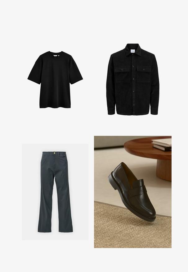 Schwarze Corduroy-Button-Up-Jacke mit zwei frontalem Klappentaschen und klassischem Kragen, langen Ärmeln und gerippter Textur.; Schwarzes Baumwoll-T-Shirt mit kurzen Ärmeln, lockerer Passform, Rundhalsausschnitt und glatter Textur. Minimalistisches Design ohne Muster oder Verzierungen.; Schwarze Hose mit geradem Bein, aus einem Baumwollmix. Verfügt über einen Metallknopfverschluss und seitliche Taschen. Keine sichtbaren Muster.; Schwarzer Lederloafer mit glatter Oberfläche, abgerundetem Zeh und dekorativem Riemen über dem oberen Teil. Niedriger Gummihacken, platziert auf einer strukturierten Oberfläche.