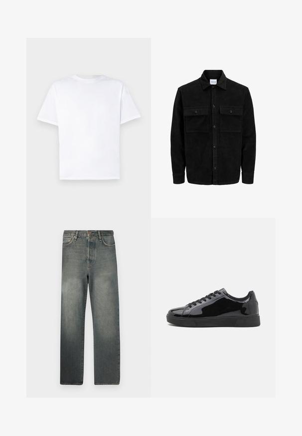 Černá kordurová košile s knoflíky, dvěma předními klopovými kapsami a klasickým límcem, dlouhými rukávy a vroubkovanou texturou.; Bílý bavlněný tričko s kulatým výstřihem a krátkými rukávy. Hladká textura, rovný střih, bez vzorů nebo akcentů. Jen pohled zezadu.; Jack & Jones JJIALEX JJCOOPER - Baggy džíny - black denim; Černé lakované kožené tenisky s kulatou špičkou, plochou gumovou podrážkou a černými tkaničkami. Hladký, lesklý povrch na vrchní části.