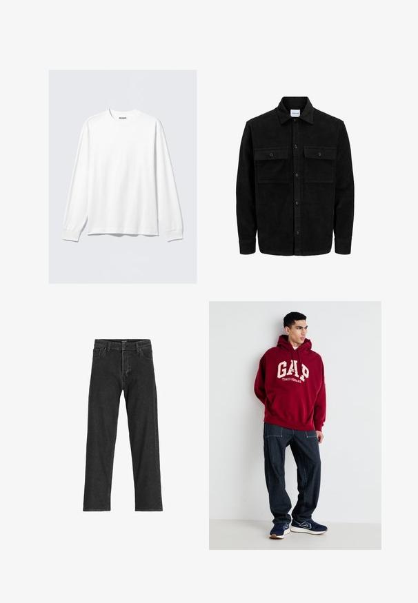 Črna kordurojska jakna z gumbi, z dvema sprednjima žepoma z zavihkom in klasičnim ovratnikom, dolgimi rokavi ter rebrasto teksturo.; Bela dolga majica s krojem s skrajno in rebrastimi manšetami ter majhnim blagovnim znakomm "WEEKDAY" znotraj ovratnika.; Črne kavbojke z ravnim krojem, ki vključujejo zadrgo, paski in šest žepov, narejene iz trpežne mešanice bombaža.; Bordo kapuzenpulover z napisom "GAP" in "TIMES SQUARE" v kremni barvi, v kombinaciji s temno modrimi hlačami s črtami in temno modrimi supergami z belimi detalji.