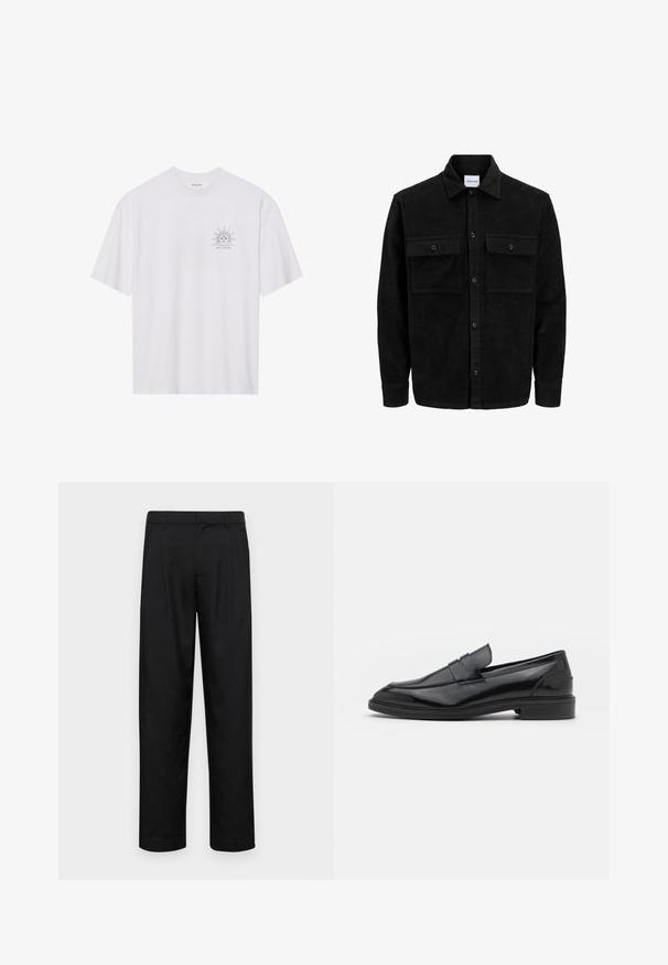 Crni kožni kord jakna na dugmad s dva prednja džepa s preklopom i klasičnim ovratnikom, dugim rukavima i rebrastom teksturom.; Bijela pamučna majica kratkih rukava, s crnim grafičkim prikazom sunca na lijevoj strani prsnog dijela, i tekstom "NAVIGATE THE COSMOS" ispod.; Crne hlače od glatkog materijala, s dizajnom ravnih nogavica, dva prednja nabora i standardnim pojasom s petljama za remen.; Crne kožne mokasine s glatkom površinom, s okruglim vrhom i uskim pojasom preko gornjeg dijela. Nizak slojeviti potplat.